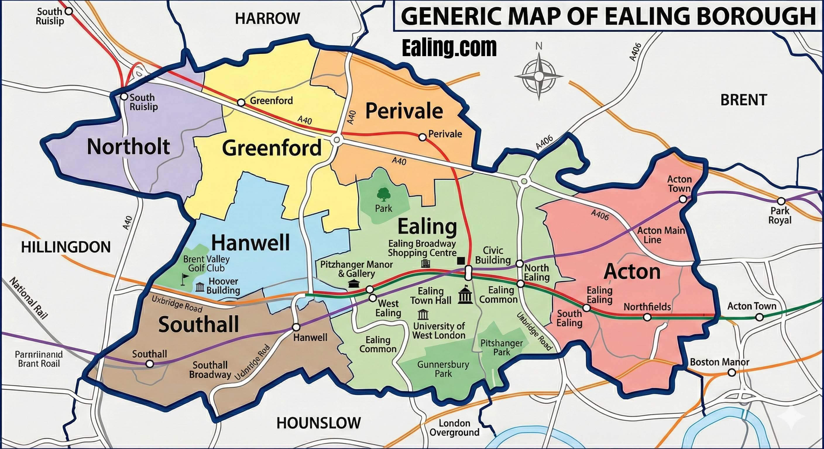 A Map of the London Borough of Ealing showing the 7 towns